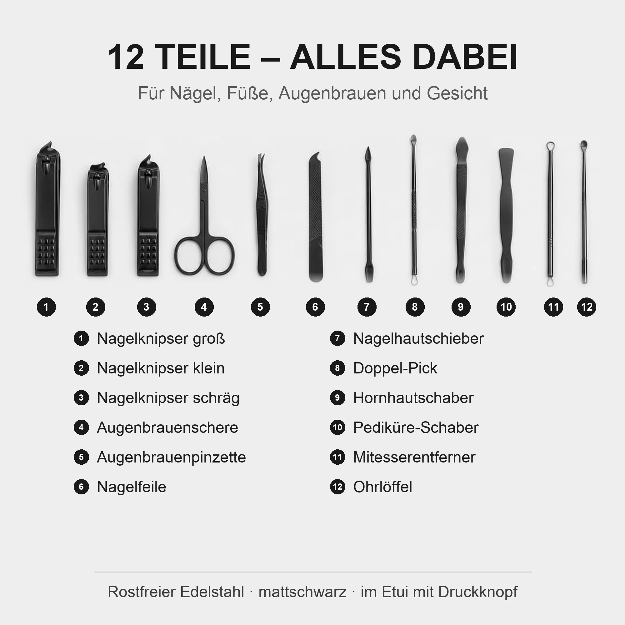 Alle 12 Teile des Sets mit Beschriftung