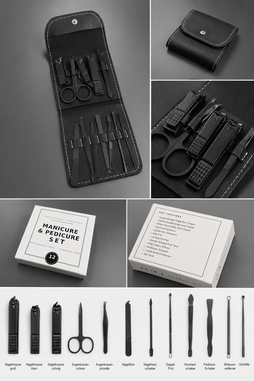 Set im Etui, Verpackung und Einzelteile